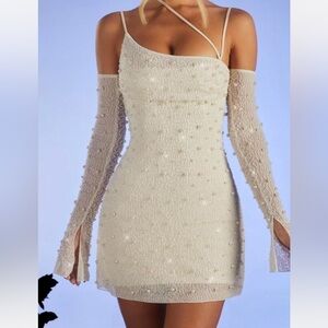 Oh Polly Cream Off-Shoulder Dress